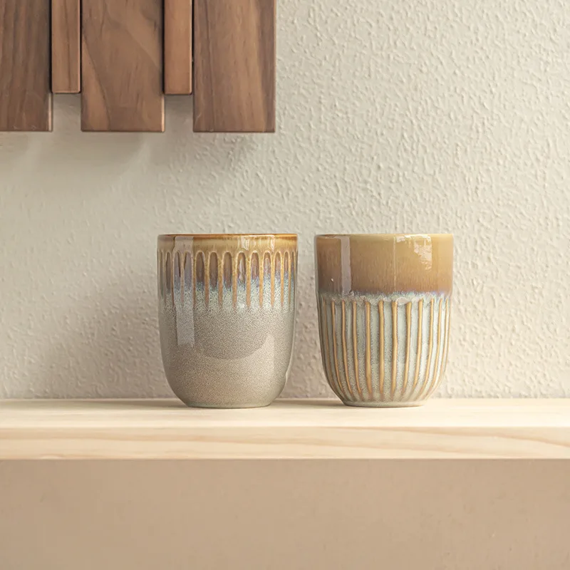 Glaze Change Striped Handleless Ceramic Mug Creative Handheld Cup for Home Office Tea