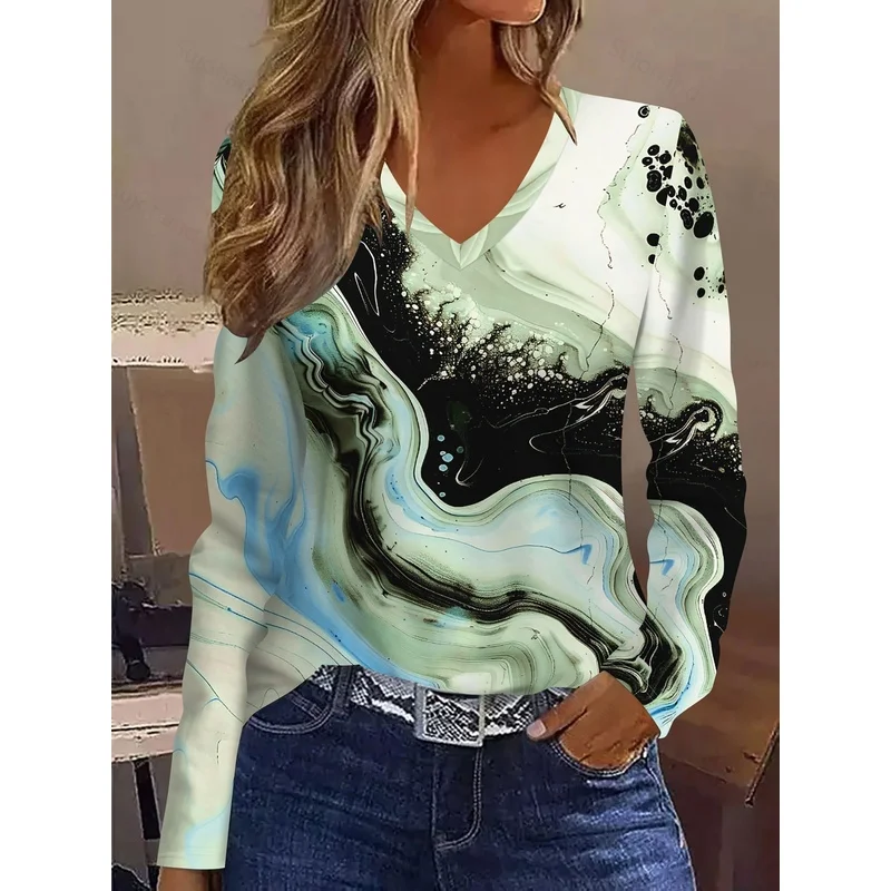 Women's Casual Fashion Long Sleeve T Shirt Minimalist Elegant Abstract Painting Gradient Tie Dye Marble All Over Print Breathabl