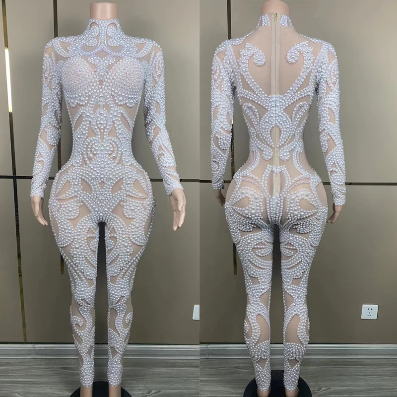 New White Pearl One Piece Pants Female Singer Nightclub Bar Dj Performance Stage Costumes Women Jumpsuit Party Clothing DN16753