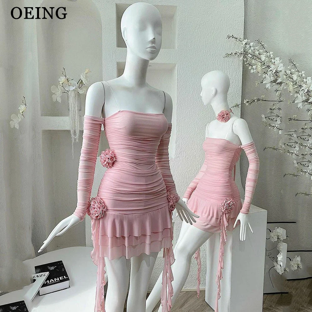 OEING Sexy Pink Mini Short Prom Dresses Modern Ruffles Chiffon Evening Party Dress Special Occasion Event Gowns Gift Sleeves