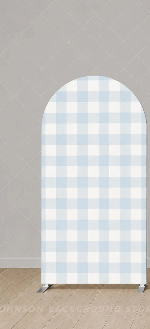 Custom Milk and Cookies Arch Backdrop Cover Blue Gingham Cow Print Three Panel Boys First Birthday grid Background