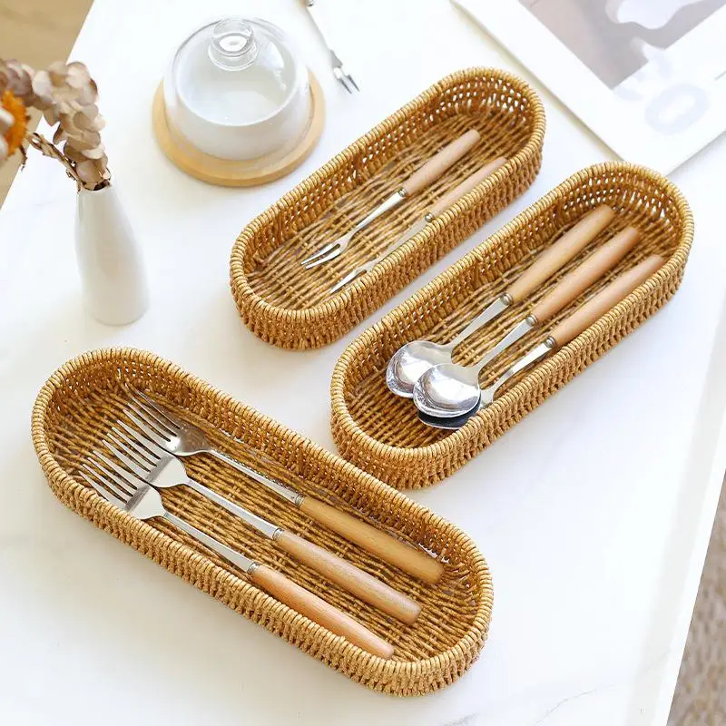 Panier de service en rotin tressé résistant, 7 styles, pour la maison, avec support égouttoir pour baguettes, fourchettes et cuillères, panier en rotin tressé à la main
