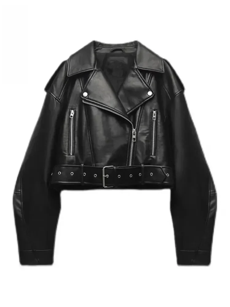

2024 Women Oversized Vintage Loose Pu Faux Leather Short Jacket with Belt Streetwear Female Zipper Retro Moto Biker Coat Outwear