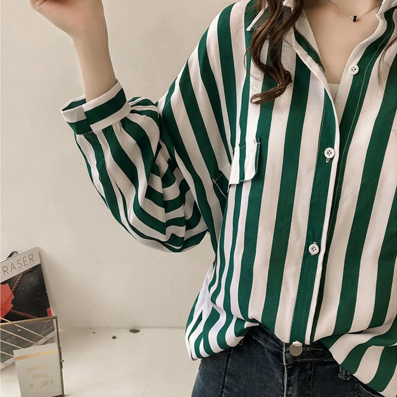 Turn Down Collar Vertical Striped Shirt And Blouses Long Sleeved Top French Office Lady Casual Women Clothing Fake Pocket Autumn