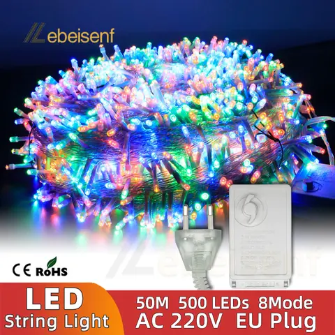 50m 야외 방수 LED 문자열 조명 220V AC EU 플러그 웨딩 파티 크리스마스 트리 반짝임 요정 장식 컬러 램프