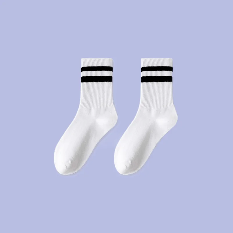 Chaussettes mi-longues respirantes à double barre pour femmes, chaussettes de sport en pur coton, chaussettes carillons, noir et blanc, gris, haute qualité, 5/10 paires