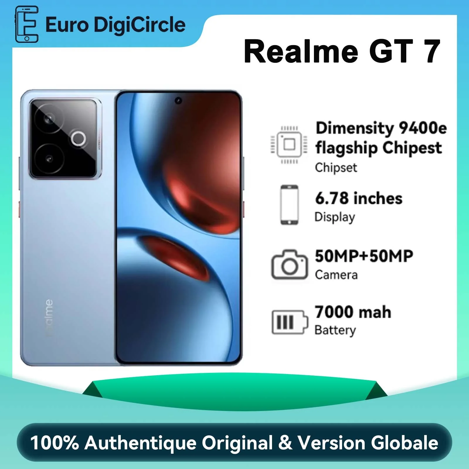 【EU Version】Realme GT 7, Chipset phare 5G Dimensity 9400e, 6,78 pouces, Refroidisseur à 120Hz, Charge rapide 120W, 7000mAh, 50MP 2X, IP69