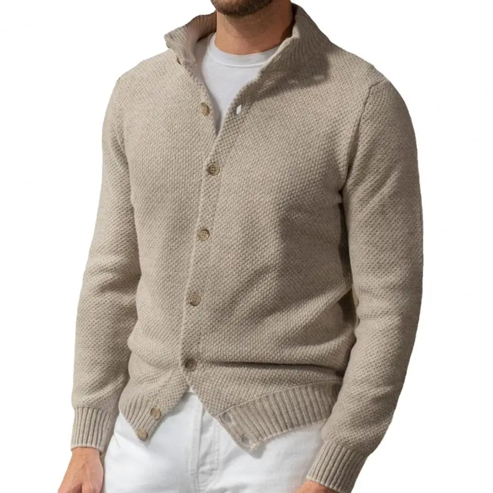 Long Sleeve Cardigan Men's Fall Winter Knitted Cardigan with Stand Collar Single-breasted Buttons Solid Color Mid for Daily