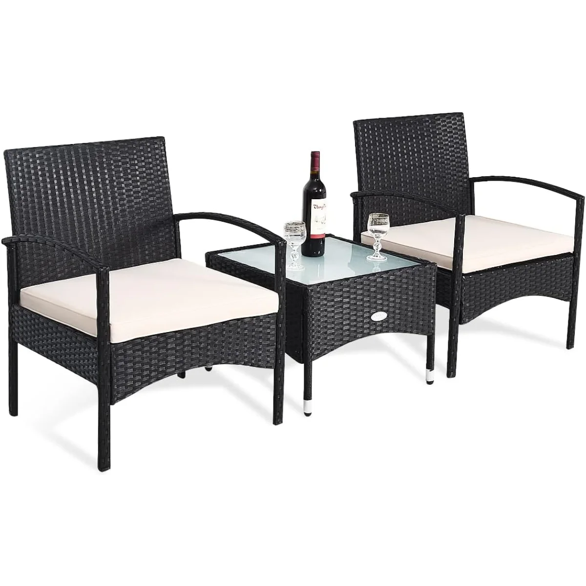 

3pcs Outdoor Patio Wicker Conversation Set,PE Rattan Sofa w/Tempered Glass Coffee Table,2 Chairs & Cushions for Balcony Backyard