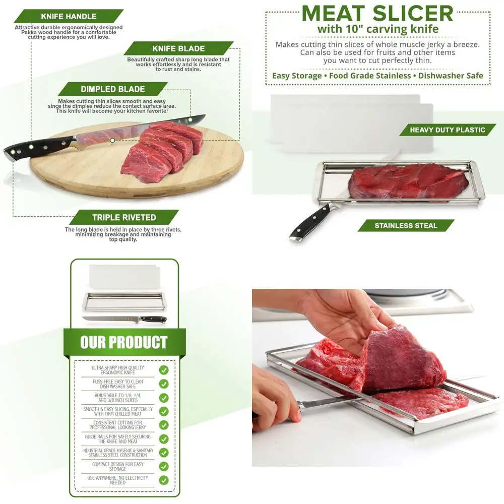 

10 Chef's Precision Meat Slicer Kit - Safe, Delicious, Uniform Beef Jerky with Adjustable Thickness & Dishwasher Safe Accessorie