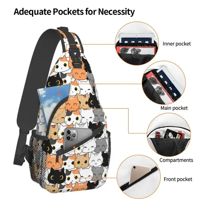 Mochila de ombro crossbody para homens, Cute Kitten Cat Doodle Sling Chest Bag, Desenhos animados engraçados, Viajando Daypack, Personalizado