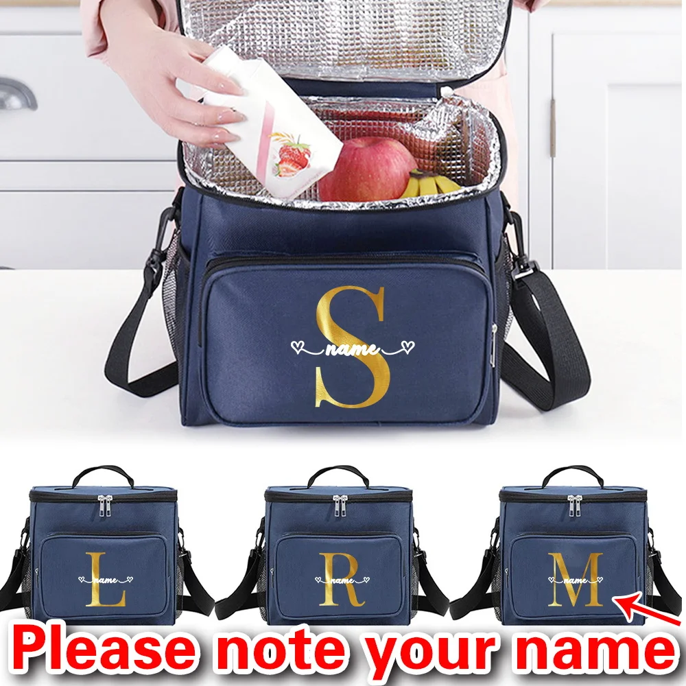 Customizable Name Blue Lunch Bag Insulated Handbag Gold Letter Series Multi Functional Picnic Lunch Box Waterproof Lunch Box
