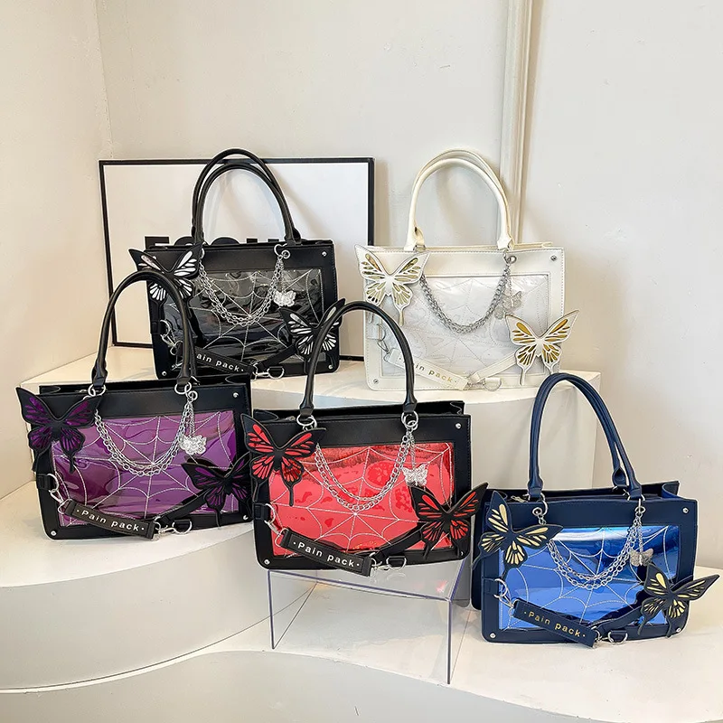 

Butterfly Pain Bag Tote Bag Personalized Shoulder Strap Bag Lolita Gothic Spider Web Dark Bag Crossbody Handbag Chain Detail