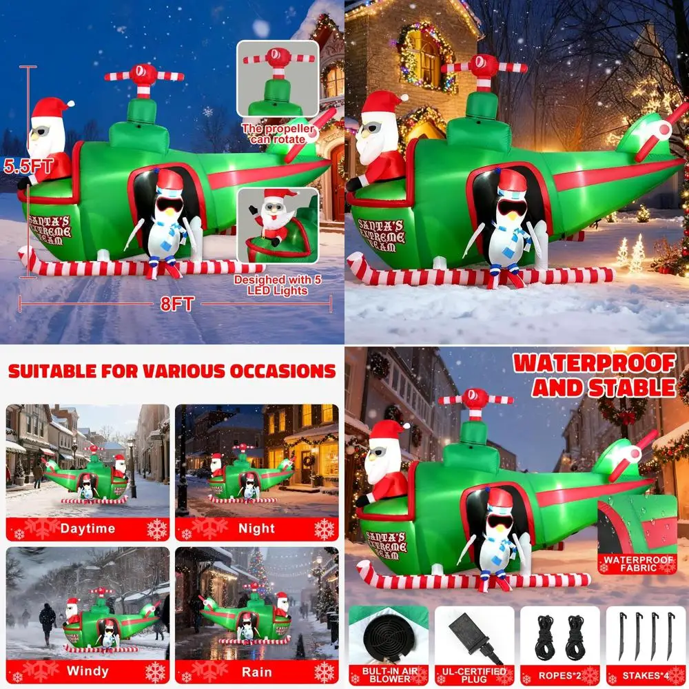 

Christmas Outdoor Decorations: Santa Claus Flying Helicopter with Penguin, LED Lights, 8ft Wide x 5.5ft Tall Inflatable Yard Dec