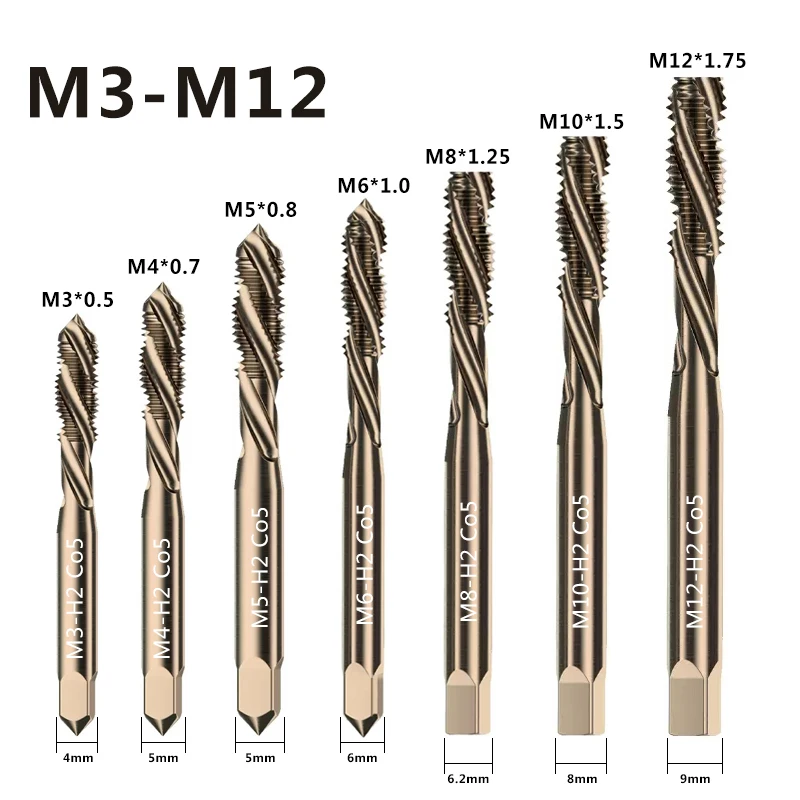 

HSS-CO Spiral Flute Metric M3-M12 Machine Tap Right Hand For Stainless Steel Metal Cobalt Screw Thread Tap Drill Bits M35
