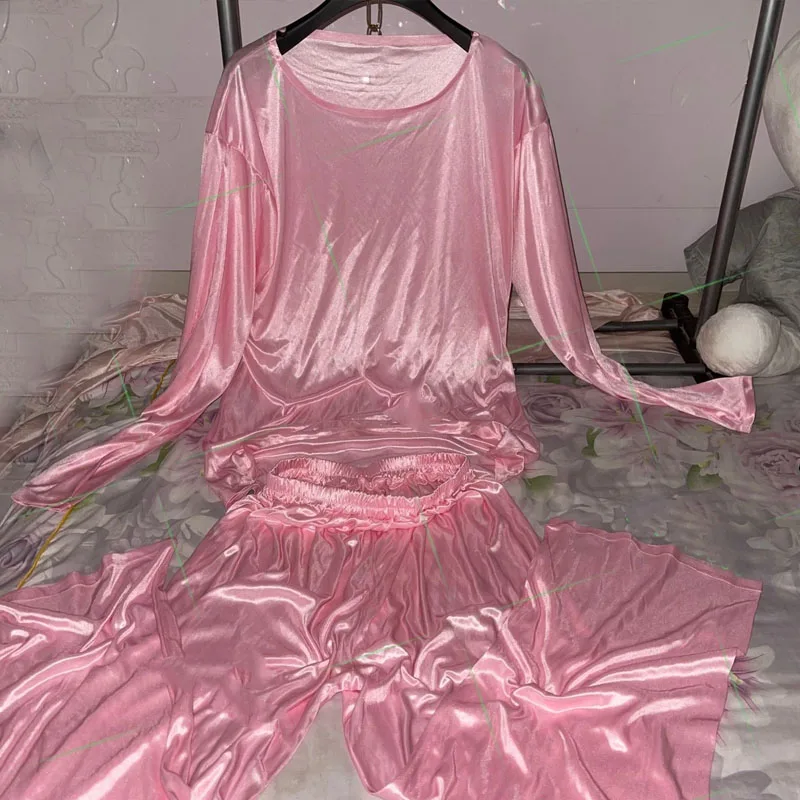 メンズセクシー薄手シルクタッチ光沢アイスシルクパジャマ2点セット長袖レディース伸縮性ソフトルーズトップパンツプラスサイズ
