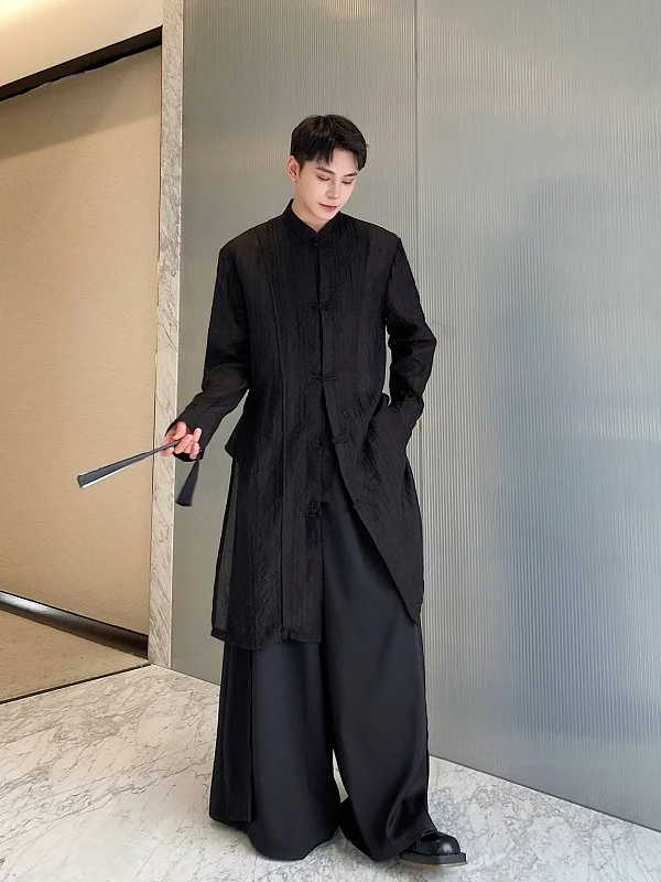 

New Summer Chinese Sle Long Sve Stand Collar Patchwork Men's irt European Organza Sunscreen Mid-Length Faionable Youth