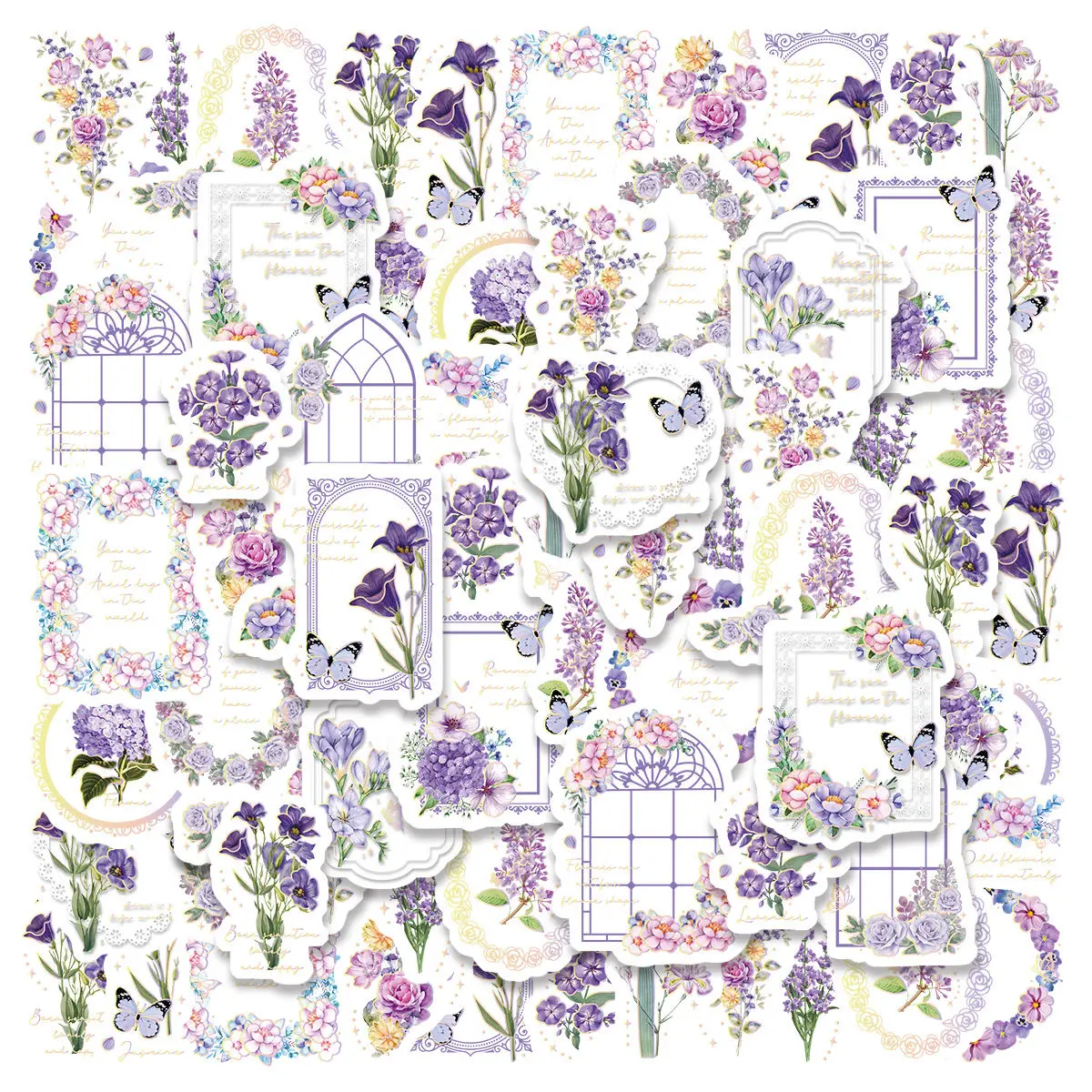 3Sheets PET Hot Stamping Cultural and Creative Retro Plants, Purple Flowers, Childhood Waterproof DIY Stickers Rich Patterns