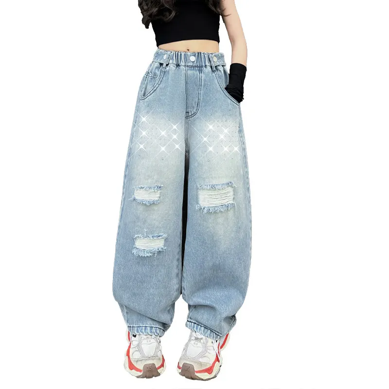 Girls Broken Denim Wide Leg Pants Kids Jeans For Girls High Waist Loose Casual Style Children's Clothing Spring Autumn Trousers