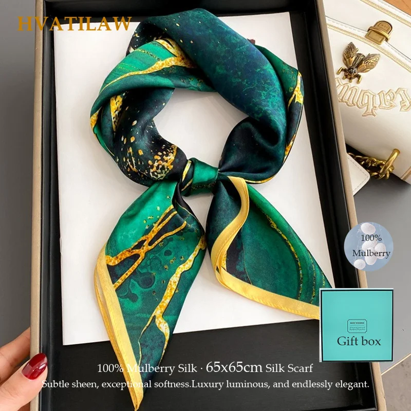 

New 100% Real Silk Scarf Women Bandana 65cm Square Scarves Wrap Kerchief Elegant Luxury Summer Beach High Quality Hijab Gift Box