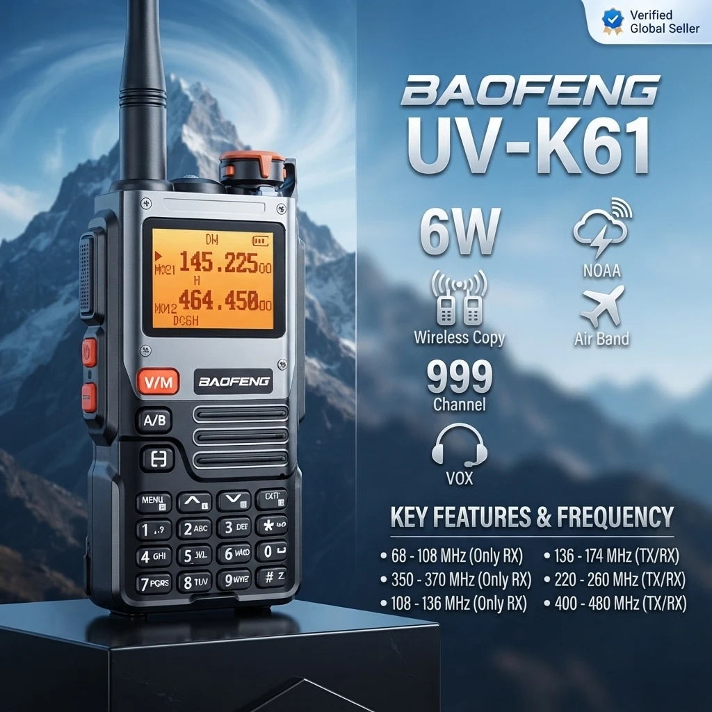 Baofeng Uv-K61 6W Ham Radio Wireless Copy Frequency Type-C Charger 999Ch  Am Dtmf Noaa Walkie Talkies For Hunting