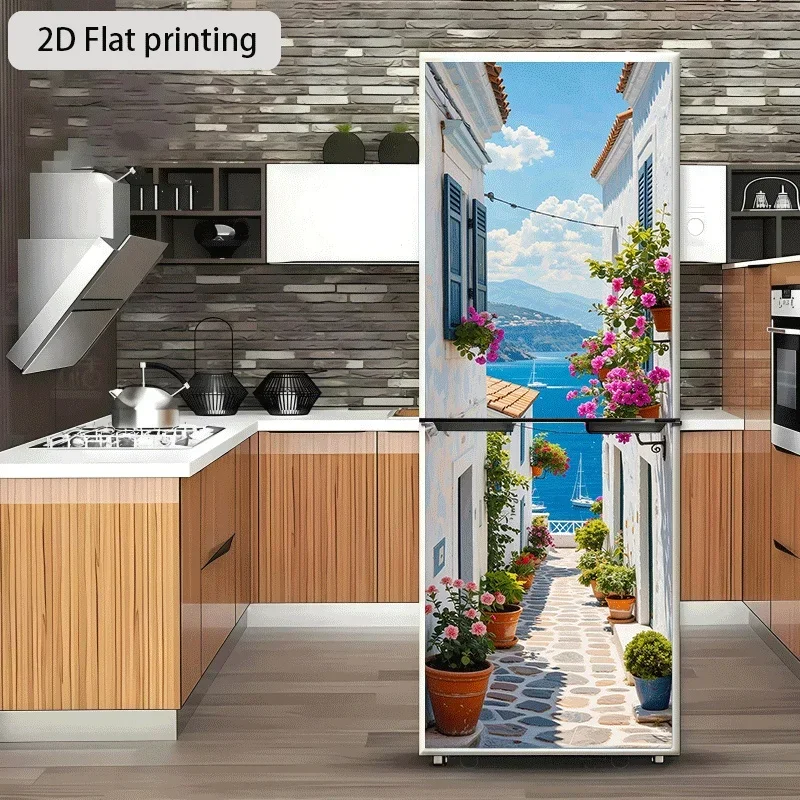 Refrigerator Sticker Blue Alley Flower Shadow Reflecting on the Sea Themed Design, Self-Adhesive Wall Decal Wallpaper, Suitabl
