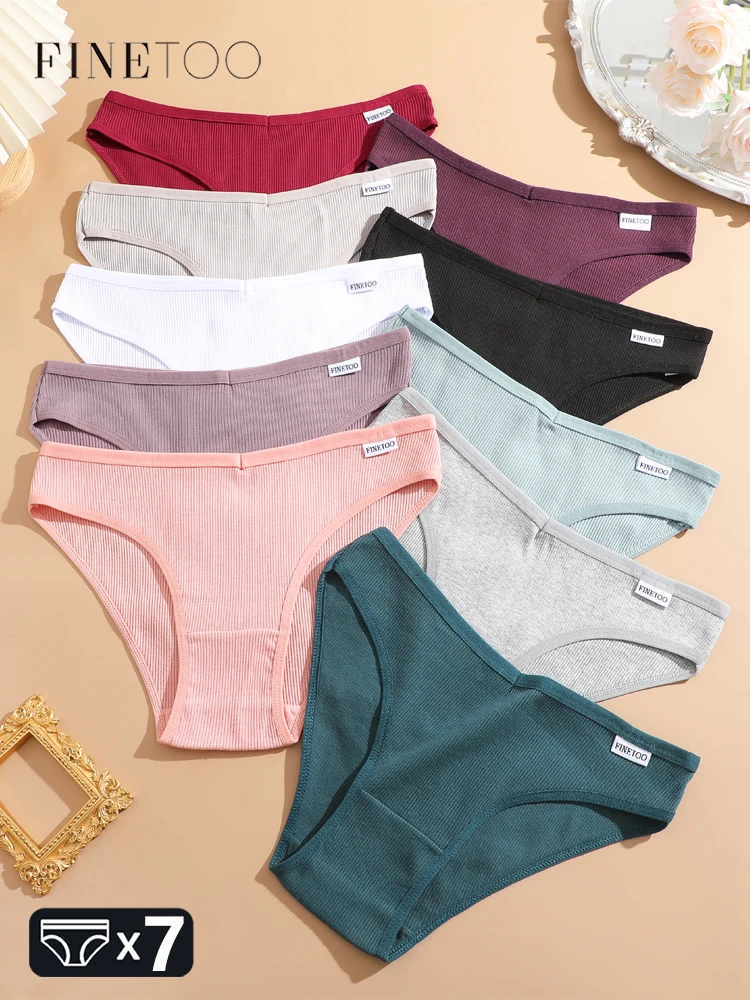 FINETOO 7Pcs Cotton M-3XL Striped Underwear Women's Breathable Panties Sexy V Waist Comfortable Briefs Ladies Low Waist Lingerie