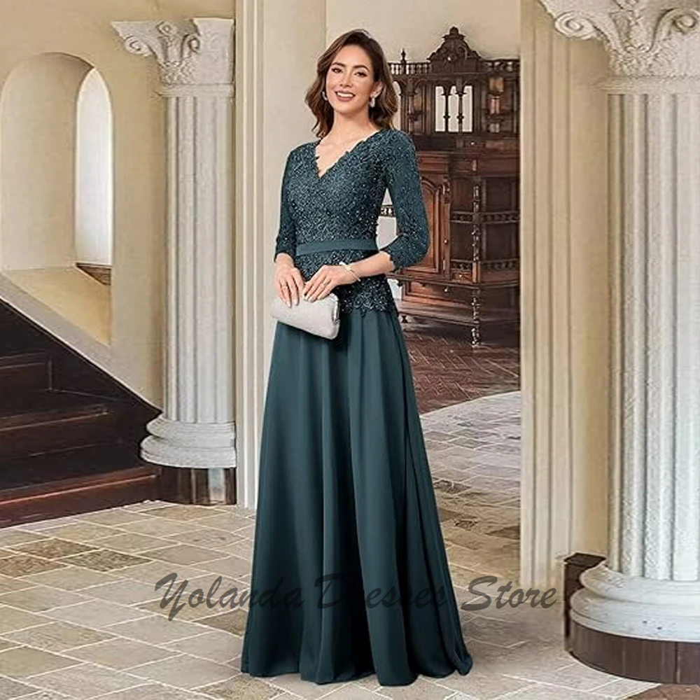 

Customized V Neck Mother of The Bride Dresses A Line Formal Evening Gown Applique Lace Wedding Guest Dress 3/4 Sleeves Illusion