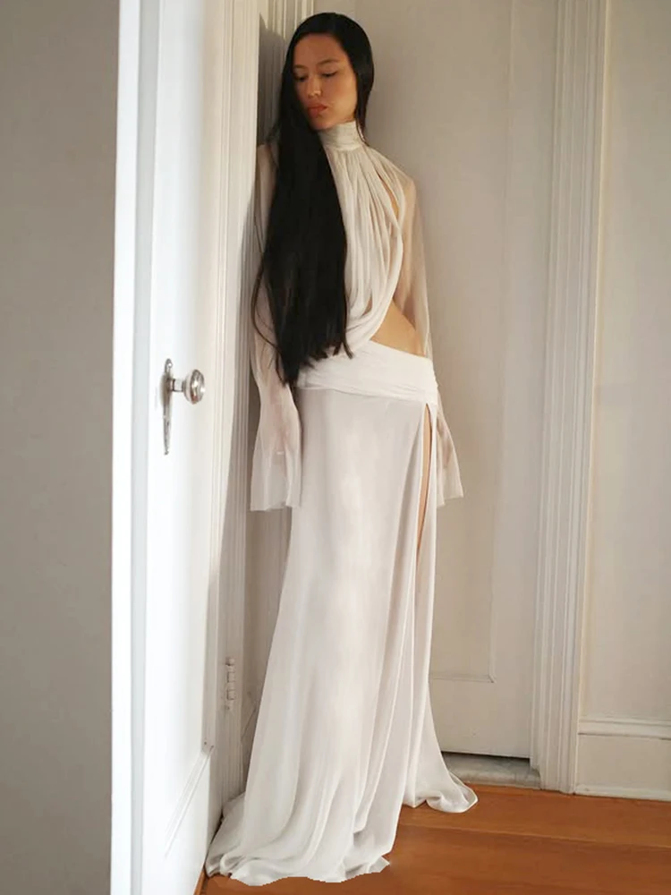Nibber Elegant 2-Piece Set Women See Through Turtleneck Irregular Crop Top+Skirts Matching Clubwear Matching Split Sexy Suit image 3