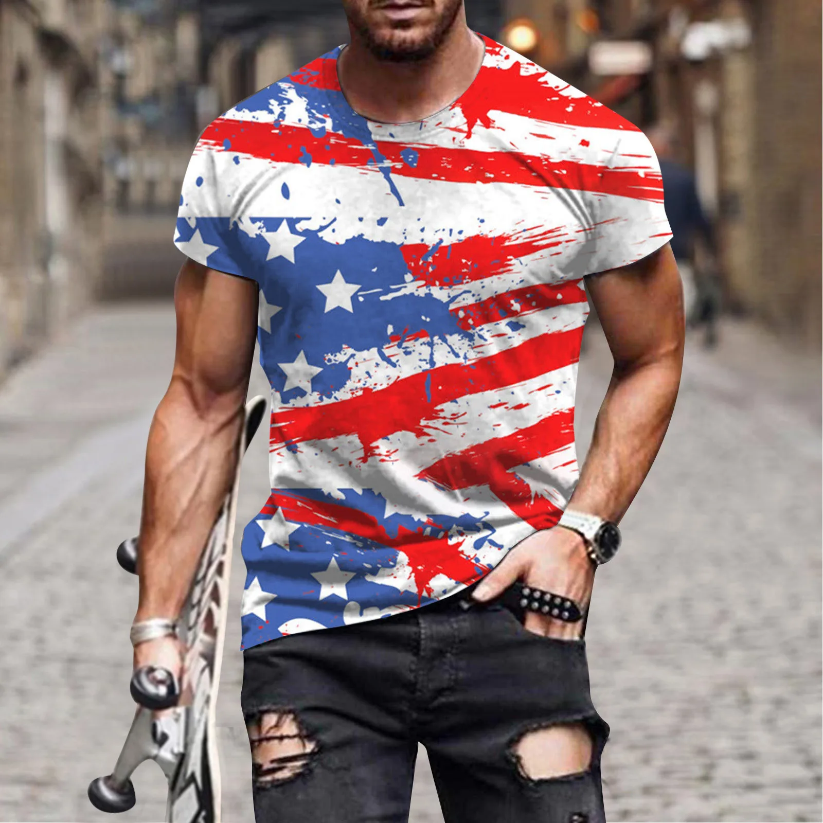 Men's Summer Fashion Casual Blouses Round Neck Short Sleeve 3D Digital Printing Independence Day T-shirts Male Loose Tops