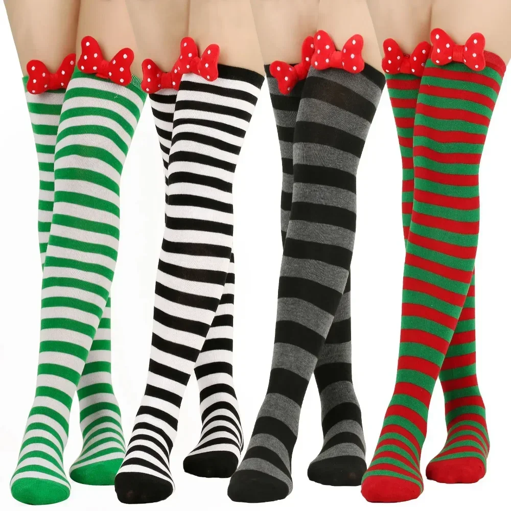 Women's Christmas Socks Christmas Sweet Red Bow Long Socks Happy New Year Stockings Bowknot Thigh Highs Soken