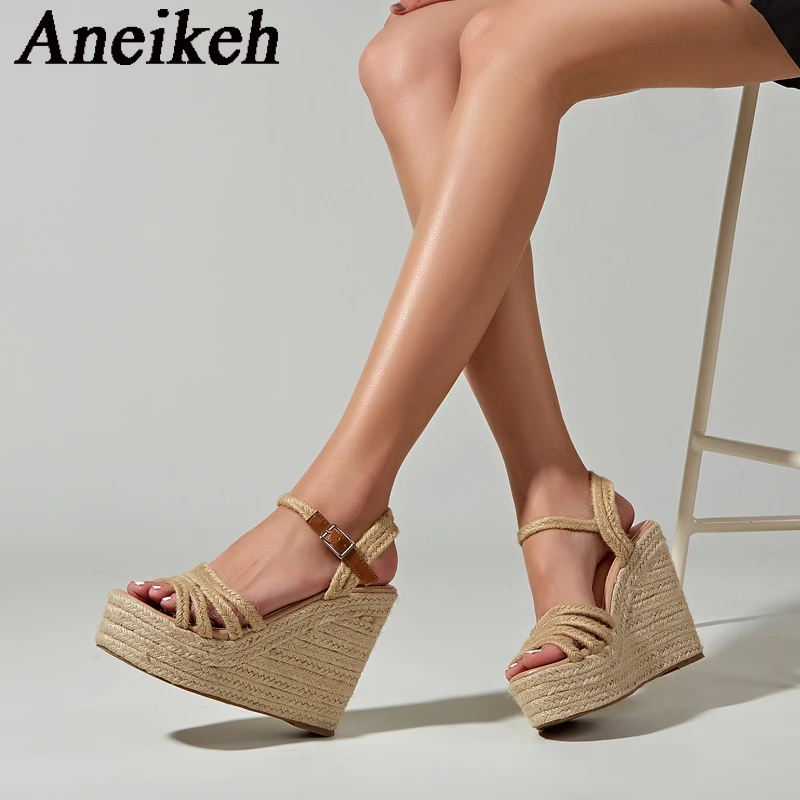 Aneikeh 2024 Platform Wedge Sandals Women\'s Summer Fashion Trend Narrow Band Braid Buckle Strap Gladiator Wedge Heel Shoes 36-43