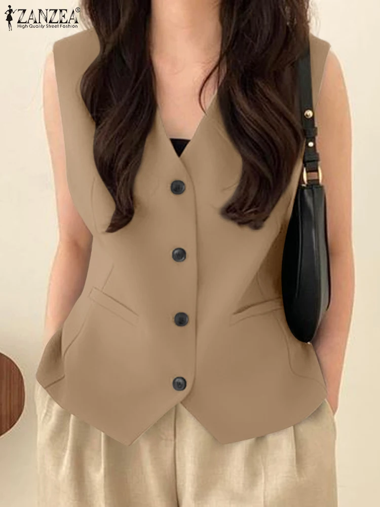 ZANZEA 2024 Summer V Neck Suit Vest Women Tank Waistcoat Fashon Sleeveless Blazer Outwear Elegant Office Khaki Tanks Oversized