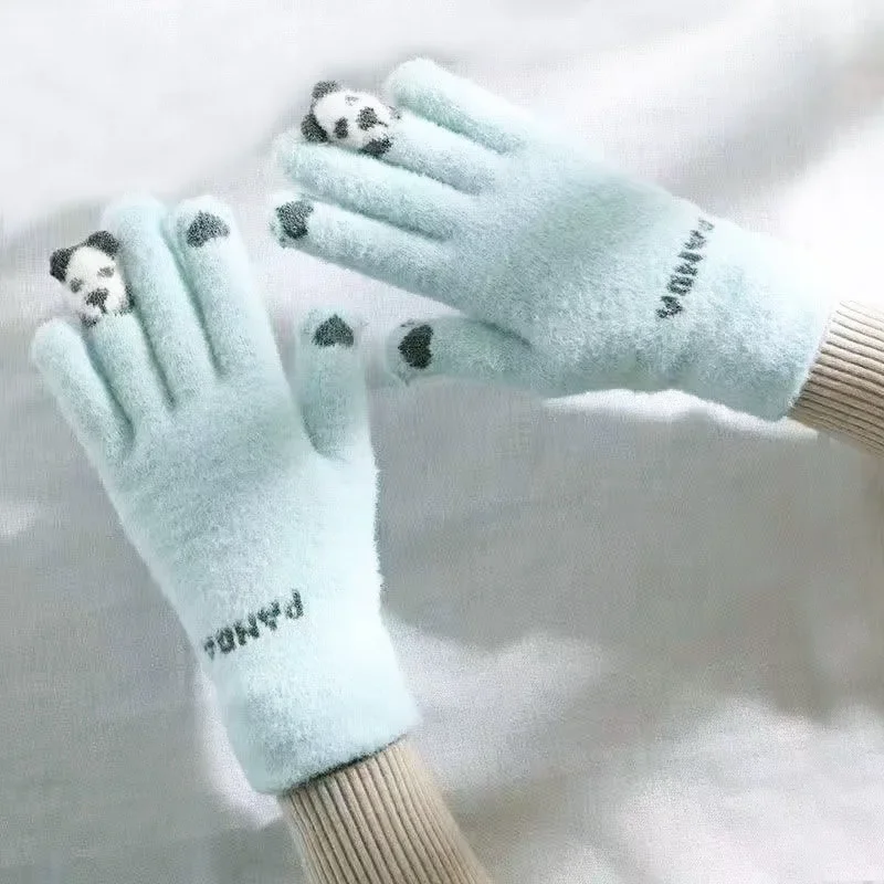 Autumn and Winter Warm Student Touch Screen Five-finger Plush Gloves Knitted Finger Cartoon Panda Color Plush Cycling Gloves