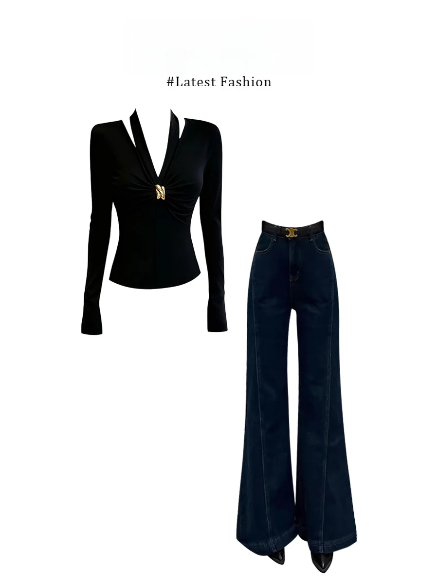 

Комплект Parkyeon: джинсы-клеш с высокой талией и футболка с длинным рукавом и V-образным вырезом – весенний модный комплект для молодых женщин, повседневная одежда