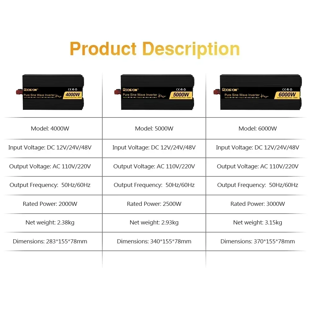 Pure Sine Wave Solar Inverter Double EU Socket 4000W 5000W 6000W DC 12V 24V 48V To AC 220V 50Hz 60Hz Voltage Power Converters