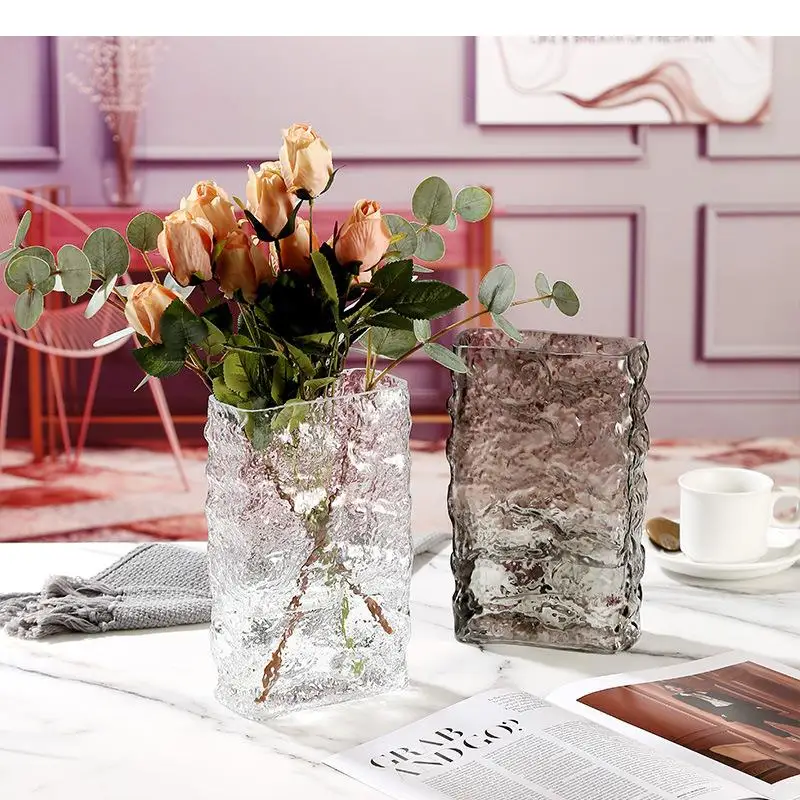 

Relief Glacier Square Glass Vase Hydroponic Flower Pots Desk Decoration Artificial Decorative Floral Arrangement Vases