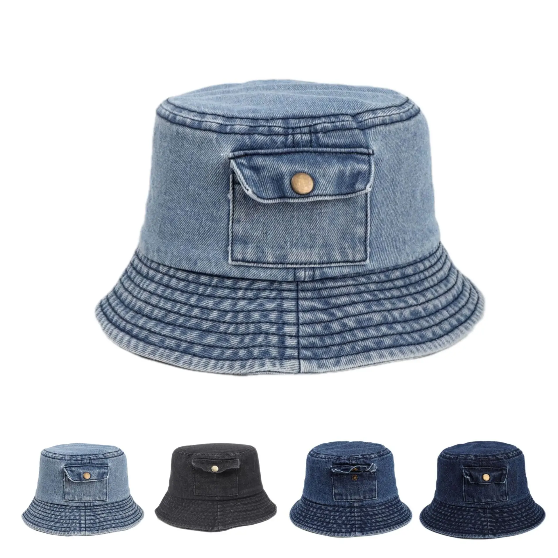Womens Vintage Washed Denim Bucket Hat With Pocket Solid Color Short Brim Sun Protection All Match Casual Outdoor Travel Beach