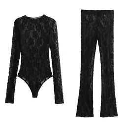 TRAFZA Summer Lace Suits For Women Trend Long Sleeves Hollow Out Slim Bodysuits + Elastic Waist Long Women's Leggings