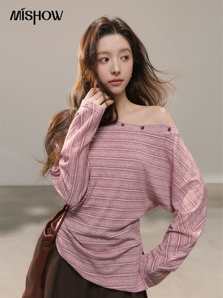 

ISHOW Women's Pink Striped Off Shoulder Long Sleeve Top 2026 Spring Button Detail Side Drawstring Casual Knitted Top MXF14Z3009