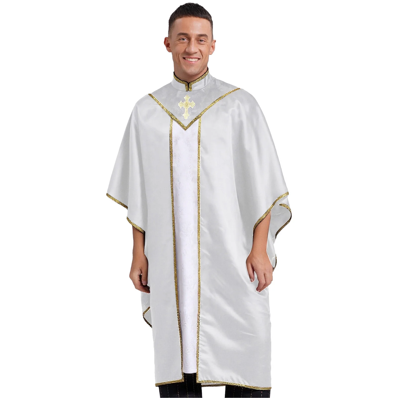 رجل القس الكاهن سترة الذهب تقليم التباين بلوفر ملون كيب Chasuble كاسوك للكنيسة رجال الدين هالوين أداء رداء