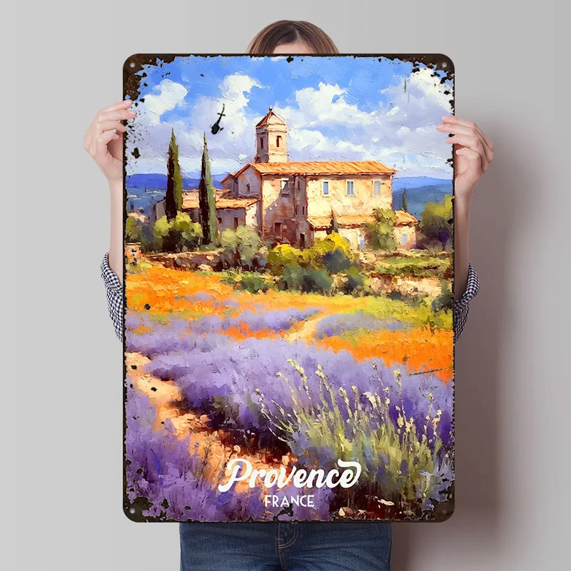 Provence France: Lavender Field Painting Tin Sign Wall Art Poster Home Decor Vintage Retro Metal Signs for Home Decoration Items