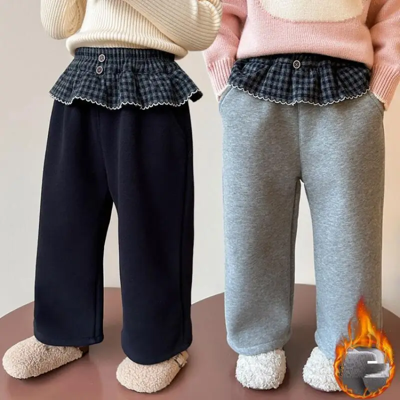 

Зимние утепленные прямые брюки для девочек, осенние кружевные брюки с эластичной резинкой на талии, детские теплые кавайные модные новые стильные повседневные одежды