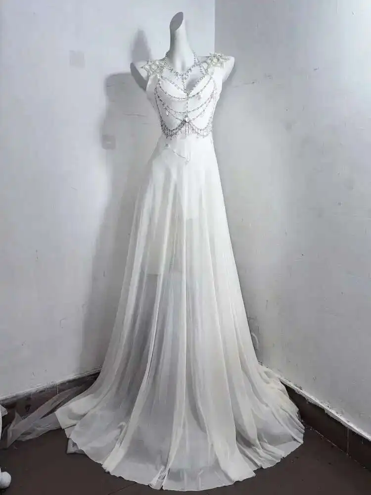 

Heraclitus TDH Pure White Gothic Crystal Chain Decoration Dress With Waist Cinching Perspective Long Skirt Formal Dress