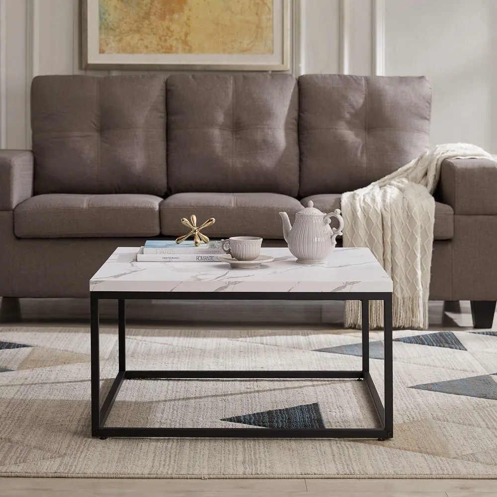 Nowoczesny industrialny stolik kawowy z marmurowym akcentem, rozmiar 30x30, gruba biała marmurowa blacha do salonu