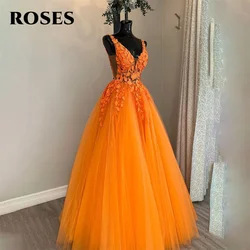 ROSES Orange V-Neck Lace Evening Dresses Long A-Line Charming Prom Dress Beading Appliques Party Dress Custom vestidos de noche