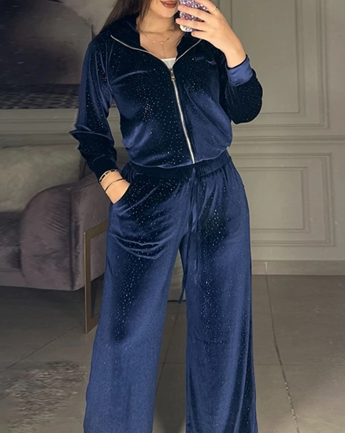 

Women 2 Piece Winter Solid Color Rhinestone Design Turn-down Collar Long sleeves Cardigan Top Wide Leg Pants Casual Tracksuits