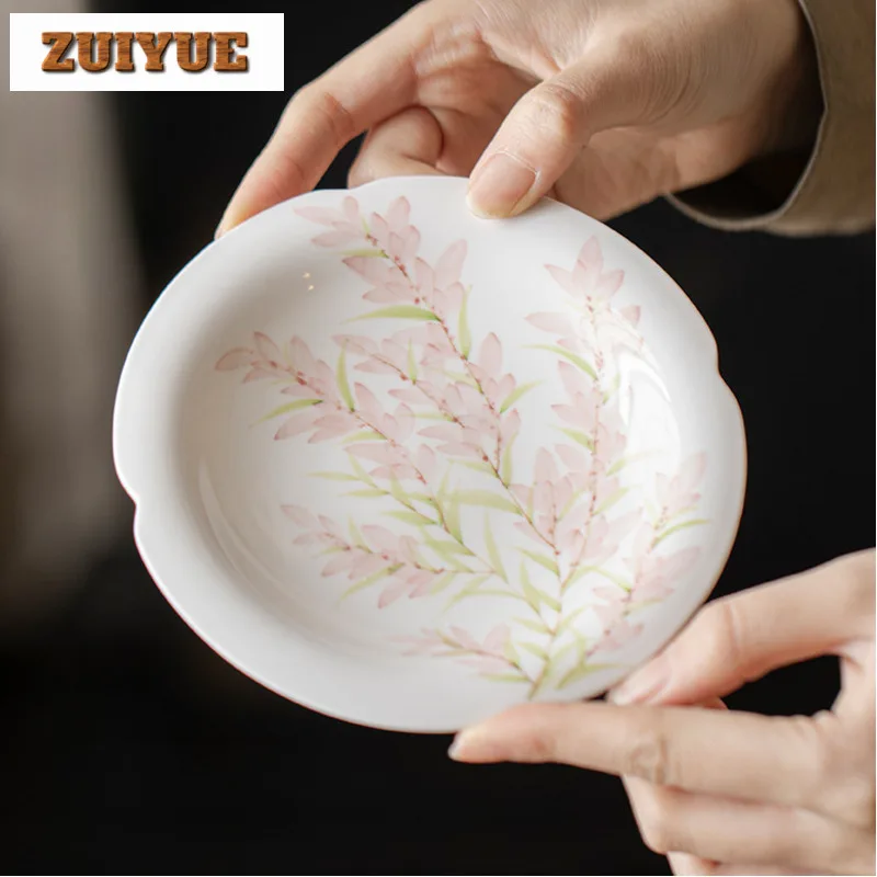 

Hand-painted Wisteria Flower Rolled Edge Pot Bearing Holder Zisha Pot Base Dry Soaking Table Tea Tray Coasters For Tea Ornaments