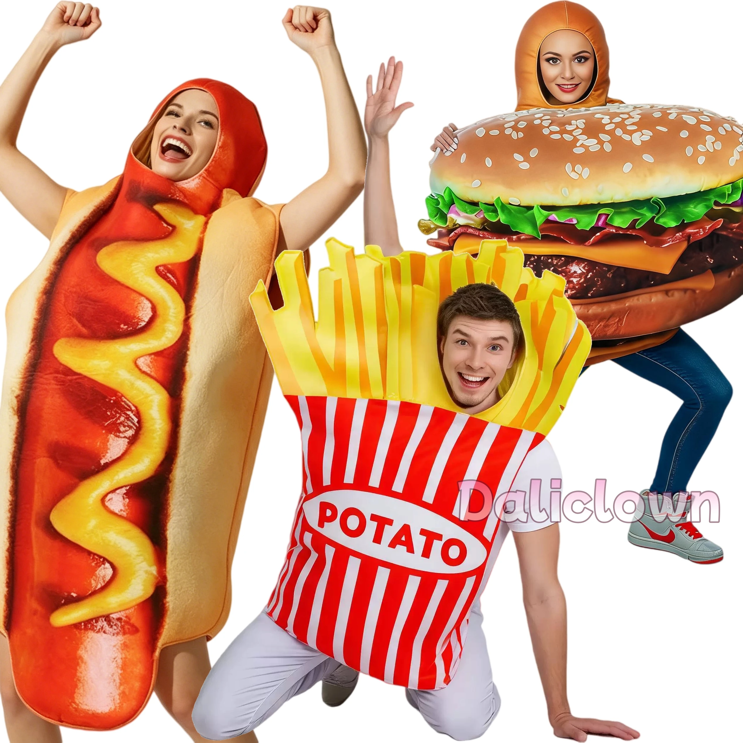 Lustiges 3D-Druck Hot Dog Kostüm für Erwachsene Halloween Lebensmittel Wurst Pizza Burger Pommes Frites Cosplay Einteiler Party Jumpsuit