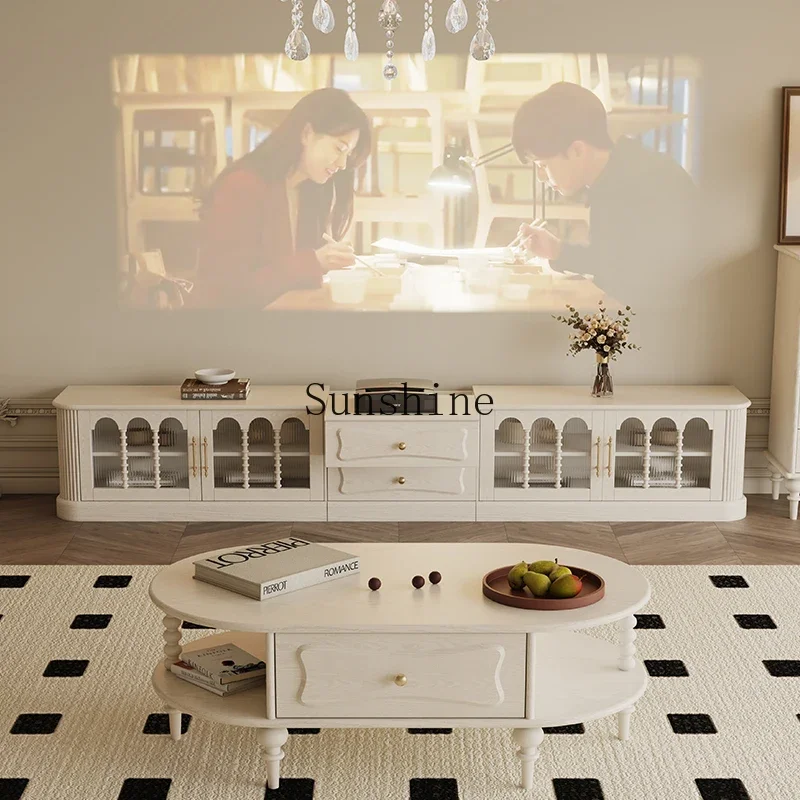 French retro all-solid wood cream wind TV cabinet, living room small apartment storage and storage integrated locker